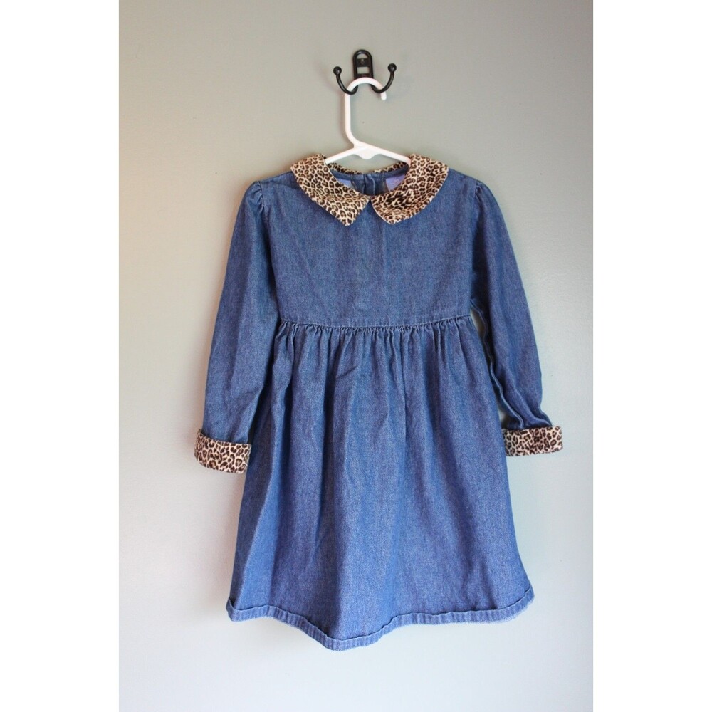 Baby Crew Girls 3T Long Sleeve Denim Dress Leopard Print Collar and Cuffs